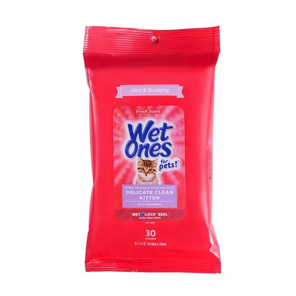 Wet Ones for Pets Delicate Clean Kitten Wipes for Cats with Oatmeal | Cat Cleaning Wipes, Mild & Soothing Cat Grooming Wipes with Wet Lock Seal for Pet Grooming in Fresh Scent| 30 ct Pouch Cat Wipes