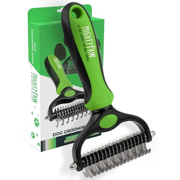 Mighty Paw Dog Grooming Brush | Pet Undercoat Dematting Rake with Rounded Teeth. Dog Comb for Detangling, Thinning, & Deshedding All Hair Types. Tool for Long Haired Shedding Dogs (Green)