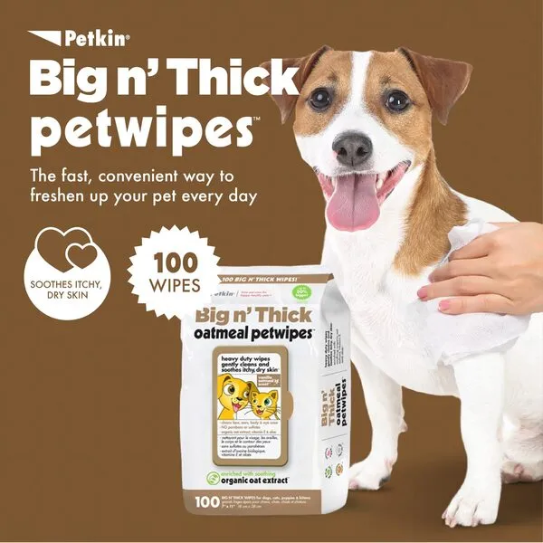 Petkin Pet Wipes for Dogs and Cats, 100 Wipes (Large) - Oatmeal Pet Wipes for Dogs and Cats - Soothes Itchy Dry Skin and Cleans Ears, Face, Butt, Body and Eye Area - Idea for Home and Travel