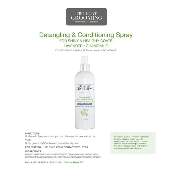 Pro-Coat Grooming Detangling & Conditioning Spray (Lavender & Chamomile) 16 oz.