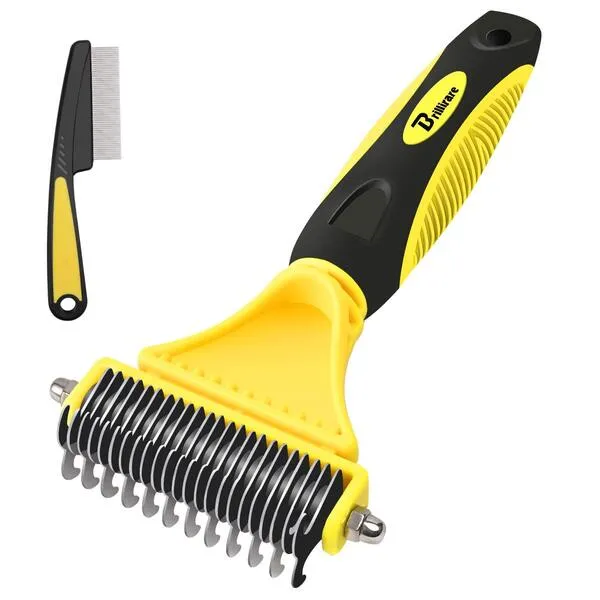 BRILLIRARE Dematting Tool+Free Stainless-Steel Comb, Pet Grooming Tool, 2 Sided Undercoat Blade Rake for Cat&Dog, Deshedding Brush for Easy Mats&Tangles Removing, No More Nasty Shedding/Flying Hair