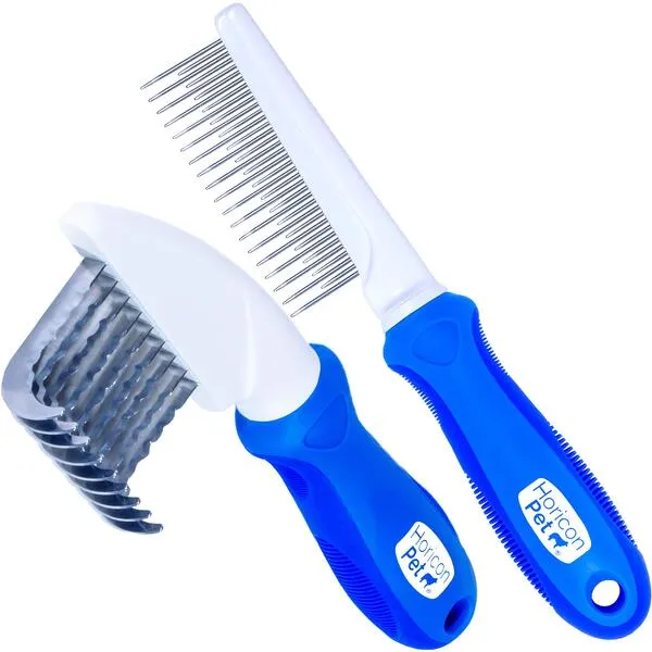 Horicon Pet 2 In 1 Dematting Razor Comb and 37 Pin Detangling Pet Comb Set - Removes Knots, Matted Fur, & Tangles Gently For Dogs & Cats