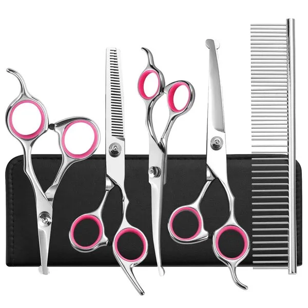 6 in 1 Dog Grooming Scissors Kit, 4CR Stainless Steel Safety Round Tip Dog Scissors for Grooming, Heavy Duty Titanium Coated Sharp and Durable Pet Grooming Shears for Dogs, Cats and Other Animals