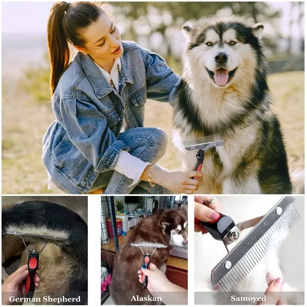 Dog Brushes for Grooming Large Dogs, Long Hair Dog Rake Pet Comb Pet Grooming Brush with Anti-Slip Handle, Steel Comb for Golden Retriever Husky German Shepherd