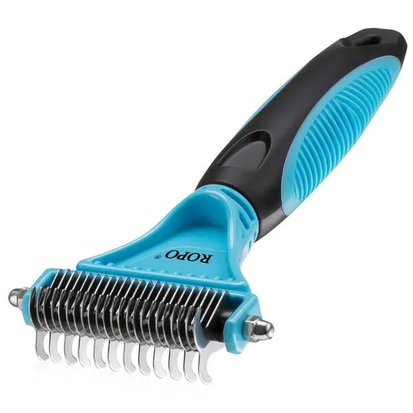 ROPO Pet Dematting Comb, Undercoat Dematter Rake Grooming Tool for Cats Dogs, Double-Sided Deshedding Brush Pets Hair Remover, Easy Mats & Tangles Removing Comb (23 + 12 Teeth)