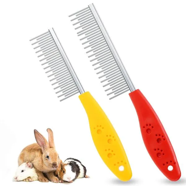 2 Pieces Pet Hair Buster Comb Small Pet Grooming Comb Stainless Steel Long and Short Teeth Comb for Small Animals Rabbits Hamsters Guinea Pigs, Red and Yellow