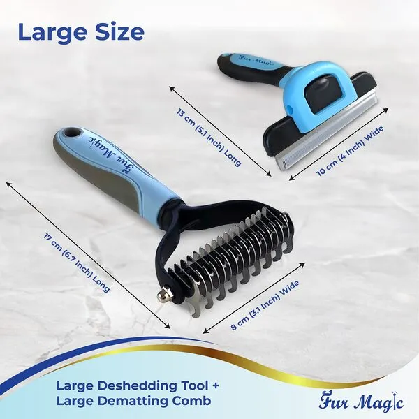 Fur Magic Large Deshedding Tool & Dematting Comb – Grooming Brushes for Dogs, Cats, Horses – Reduce Shedding and Remove Knots, Mats and Loose Undercoat