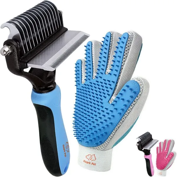 Dog Brush and Cat Brush-with Deshedding Brush, Dog Dematting Tools and 2 Side Shedding Brush Glove, Reduce Shedding Up To 95%, Work Great for Short to Long Hair, and Large Breeds by Ozark Pet (Blue L)