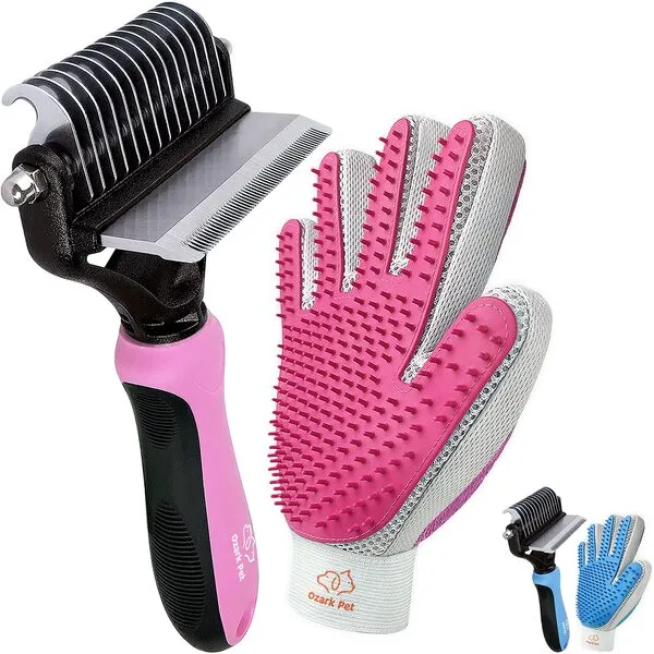 Dog Brush and Cat Brush-with Deshedding Brush, Dog Dematting Tools and 2 Side Shedding Brush Glove, Reduce Shedding Up To 95%, Work Great for Short to Long Hair, and Large Breeds by Ozark Pet (Pink L)