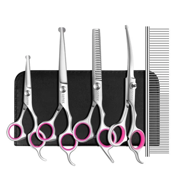 GEMEK Dog Grooming Scissors Set, 4CR Stainless Steel Safety Round Tip Pet Professional Grooming Tool 5 Pieces Kit - Straight, Curved, Thinning Shears & Comb for Dogs, Cats and Other Animals