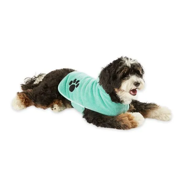 Bone Dry Pet Robe Collection, Embroidered Absorbent Microfiber Bath Robe with Adjustable Closure, for Dogs & Cats, Small, Aqua