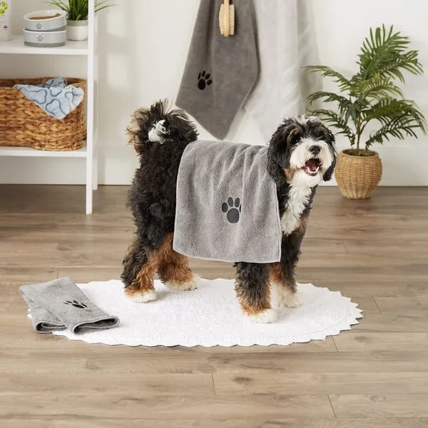 Bone Dry Pet Grooming Towel Collection Embroidered Absorbent Microfiber Drying Set, 15x30, Gray, 3 Count