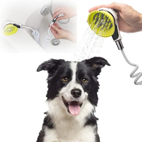 Wondurdog Pet Wash Attachment for Handheld Showers with Splash Guard Handle, Rubber Grooming Teeth. Designed for Handheld Showers.