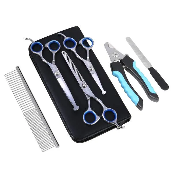 TOPGOOSE Dog Grooming Scissors Set, Safety Round Tip Grooming Tools 6 Pieces Kit for Pet Dogs Cats Full Body - Professional Curved, Thinning, Straight Scissors, Comb, Nail Clipper and Nail File