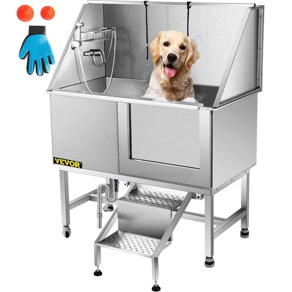 VEVOR 50 Inch Dog Grooming Tub Professional Stainless Steel Pet Dog Bath Tub with Steps Faucet & Accessories Dog Washing Station Right Door