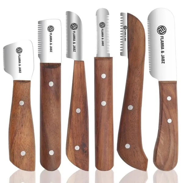 FLAMIA & JABZ FJ Professional Stripping Knife kit (6 Pieces Set) for Dogs & Pets, Wooden Handle Grip with Stainless Steel Blade (Right Handed) (Rosewood)