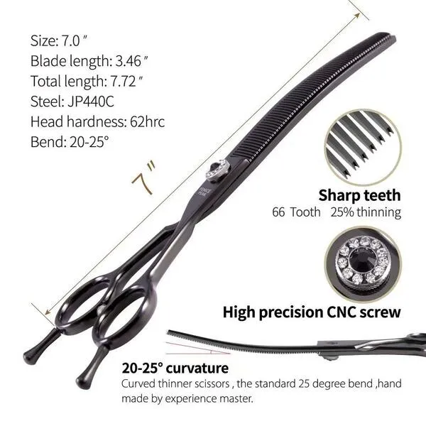 Fenice Peak Professional Dog Grooming Scissors Pet Curved Thinning Shears 7.0'' Extremely Sharp Blades 440C Steel Thinning Scissors Durable Smooth Motion & Fine Cut for Dogs and Cats(Black)