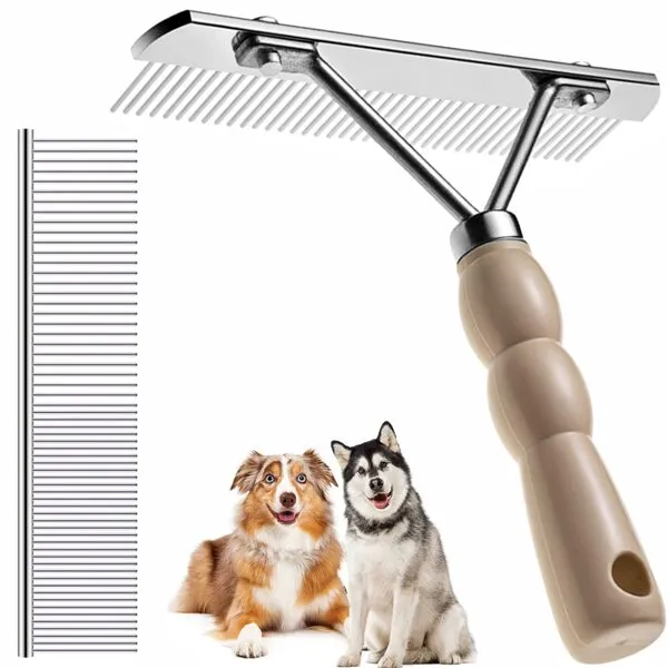 Twellife Dog Rake for Undercoat Long Tooth Dogs Comb, Rake Brush+Stainless Steel Shedding Comb, Husky Undercoat Rake Grooming Tool Set for Big Dog Horse Longhair Cat