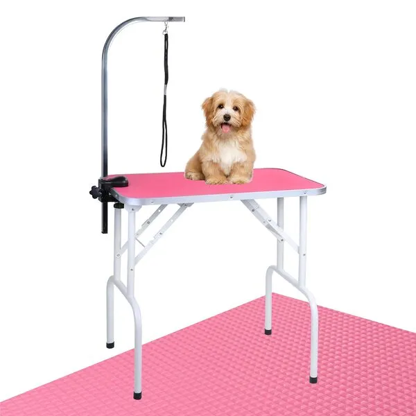 LEIBOU Pet Dog Grooming Table Foldable Grooming Table Heavy Duty Iron Frame with Arm & Noose for Dog Cat Pet Grooming (32'', Pink)