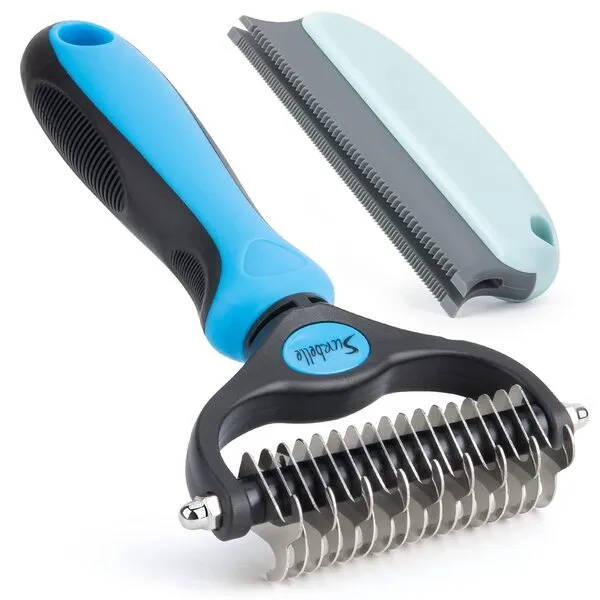 SuRbelle 2 Sided Deshedding & Dematting Undercoat Rake Brush for Dogs/Cats. Professional Dematting Comb Removes Mats Tangled & Thinning Hairs with No Scratch, Free Hair Remover Included.