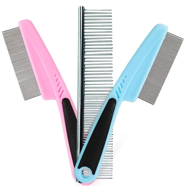 Meric Cat, Dog & Ferret Flea Combs, Rubber & Stainless Steel Grooming Brushes, Pink, Light Blue and Silver, 3 Pieces Per Set