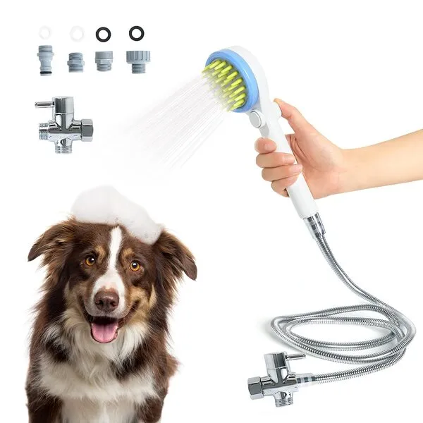 Tresperros Pet Shower Attachment,Dog Shower Attachment with Shower Hose& Adapter, Water Bath Brush for Dogs and Cats,Pet Grooming Bath Brush Bathing Tool for Dog Bathing Station