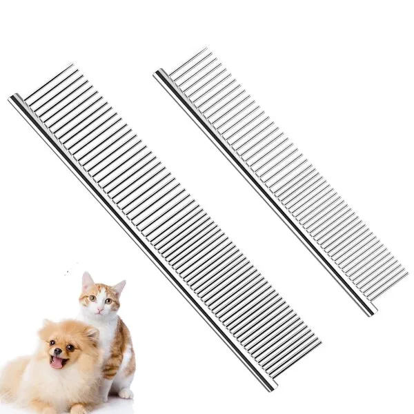 TanDraji Dog Combs for Grooming, 2 Pack Metal Dog Comb with Rounded Teeth, Stainless Steel Cat Comb for Removing Tangles and Knots for Dogs and Cats