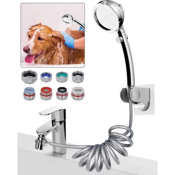 Hibbent Dog Shower Sink Hose Faucet Sprayer Attachment, Handheld Shower Head Set with 8 Adapters for Pet Bathing and Dog Washing, Recoil Shower Hose & Holder, Bathroom Faucet Sprayer Rinser Set