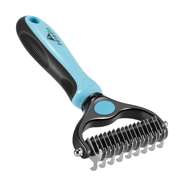 Peteola Pet Grooming Brush - 2 Sided Undercoat Rake for Cats & Dogs Comb - No More Nasty Shedding and Flying Hair - The Safe Dog Hair & Cat Hair Shedding Tool (Blue)