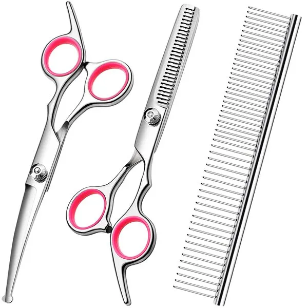 FAIGEO Dog Grooming Scissors Kit with Safety Round Tips Stainless Steel Professional Dog Grooming Shears Set - Thinning, Curved Scissors and Comb for Dog Cat Pet