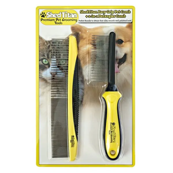 ShedTitan Dog Comb Cat Comb Bundle with Metal Pet Comb & Detangler Rake Dog Brush for Shedding of Fine, Fluffy & Long Hair - Matted Fur Knot Remover - Grooming Tool Supplies for Undercoat Deshedding