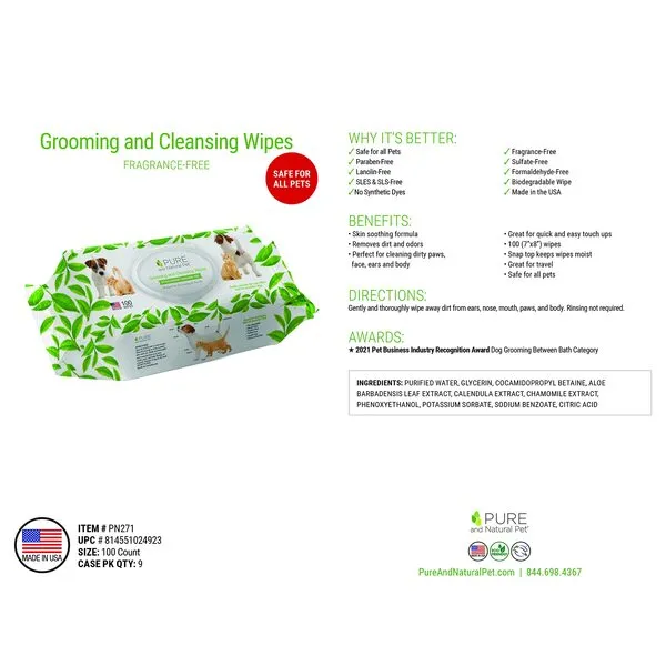 Pure and Natural Pet Grooming and Cleansing Wipes for All Pets (Unscented) 100 ct.