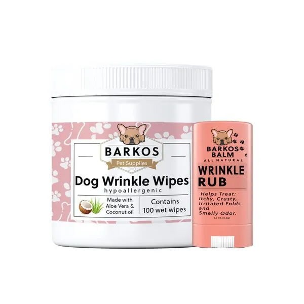 Wrinkle Wipes + Wrinkle Balm For Dogs | Bulldog, French Bulldog, Pug, English Bulldog | Cleans & Soothes Wrinkles, Folds, Tear Stain, Tail Pockets & Paws, Anti-Itch | 100 Soft Cotton Pads