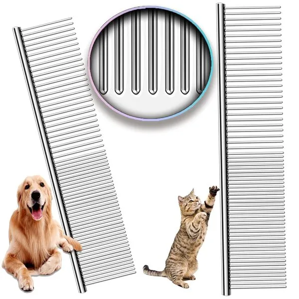 Metal Comb for Dogs, Metal Dog Combs, 2 Pack Cat Comb with Rounded Ends Stainless Steel Teeth, Professional Grooming Tool for Long and Short Matted Haired,Tangles and Knots, Njiszhi 7.48IN*1.57IN