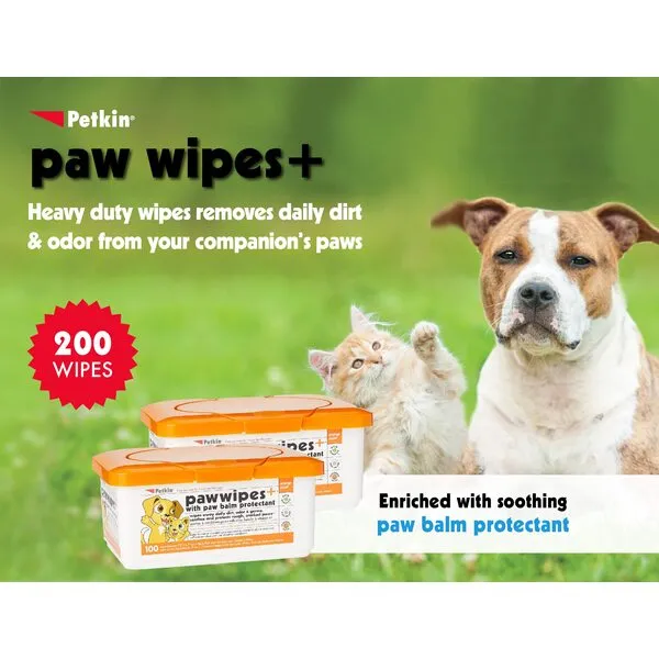 Petkin Paw Wipes Plus, 200 Orange Scented Wipes, 2 Pack - Absorbent Pet Paw Wipes Remove Daily Dirt & Odors - Enriched with Paw Balm Protectant -Easy to Use Pet Wipes for Dogs, Cats, Puppies & Kittens