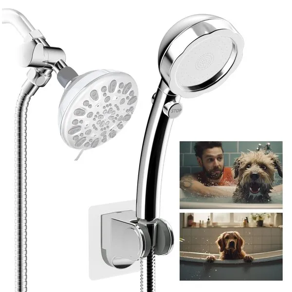 Hibbent Dog Shower Sprayer Attachment Set for Pet Bathing and Dog Washing with 119 Inch Shower Hose Brass Shower Arm Diverter Valve, Handheld Shower Head,Bathroom Hose Sprayer Head Kit