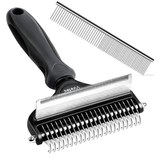 Viretec Dog Deshedding Brush, 2 in 1 Pet Undercoat Rake for Cats and Small Dog, Long and Short Grooming Tool, Dematting Combs Easily Remove Mats, Tangles and Loose Fur