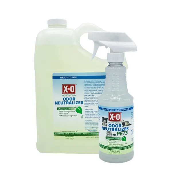 X-O for PETS, Ready-to-Use - Natural, Plant-Based Odor Eliminator Deodorizer, 16 Ounce + 1 Gallon Refill