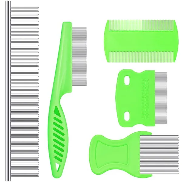 5 Pieces Dog Flea Comb Pets Grooming Comb Kit for Small Dogs Puppies Stainless Steel Teeth Dog Comb Tear Stain Remover Comb 2-in-1 Dog Combs with Round Teeth to Remove Knots Crust Mucus (Green)