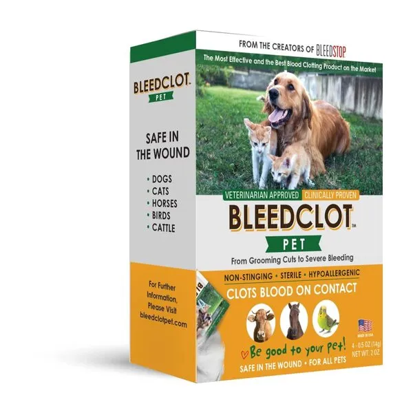 BleedClot Pet First Aid Blood Clotting Powder | The Best for All Animals to Stop Bleeding, Guaranteed | for Minor Cuts and Severe Arterial Bleeding | from The Makers of BleedStop (4 Pouches (0.5 oz))