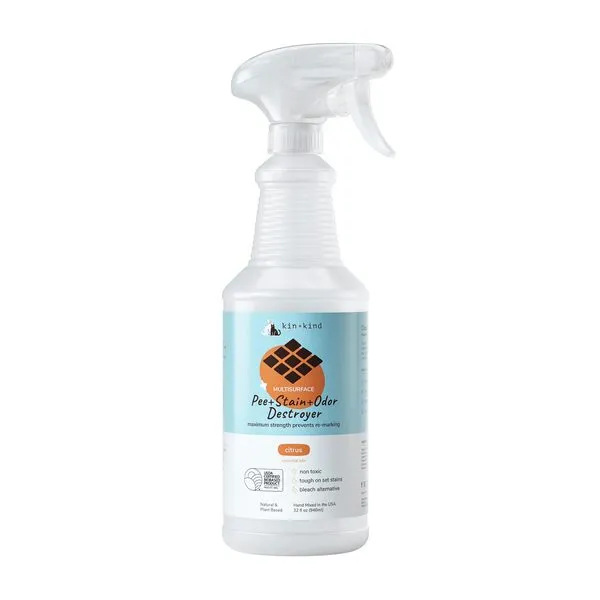 kin+kind Pet Odor Eliminator for Home - Litter Deodorizer, Pet Urine Odor Eliminator Spray and Stain Remover Spray for Harwood Floods, Carpet and Fabric - Pee, Odor and Stain Destroyer 32 fl oz