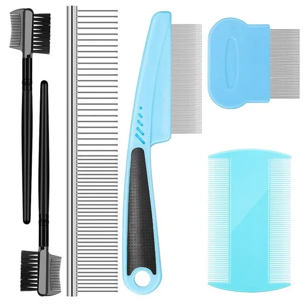 Flea Comb For Dogs and Cats Pet Lice Comb Metal Cat Comb Dog Comb For Grooming Supplies Kit Dematting Deshedding Shedding Dandruff Comb Removal Tear Stain Dog Brush Tools 6pack-Hanlisee (Blue)