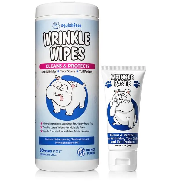 Squishface Wrinkle Paste (2oz) & 5x7 Wipes Bundle - Clean Wrinkles, Tear Stains, Tail Pockets, Paws – Anti-Itch, Deodorizing - Great for English Bulldogs, Pugs, Frenchies, French Bulldogs & Any Breed