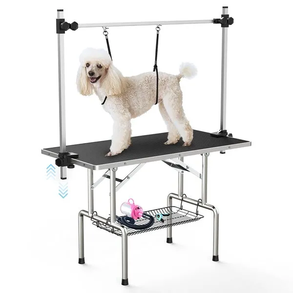 Lyromix 46''Large Dog Grooming Table, Adjustable Cat Drying Desktop with Arms, Nooses, Mesh Tray, Foldable Pet Station at Home, Maximum Capacity Up to 330Lb, 46inch, Black, 46in