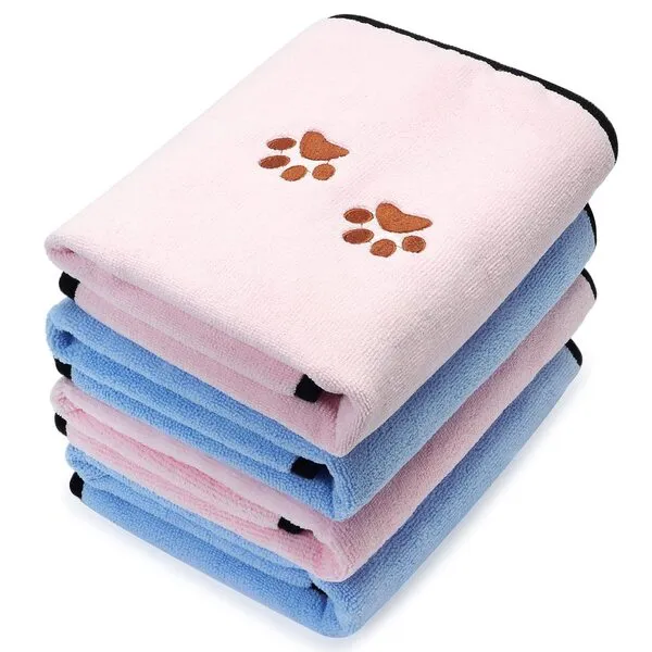 4 Pack Dog Towels for Drying Dogs Microfiber Dog Towel Soft Absorbent Pet Bath Towel Dog Drying Grooming Towel with Embroidered Paw for Pet Dogs Cats Bathing and Grooming (Blue, Pink, 35 x 20 Inch)