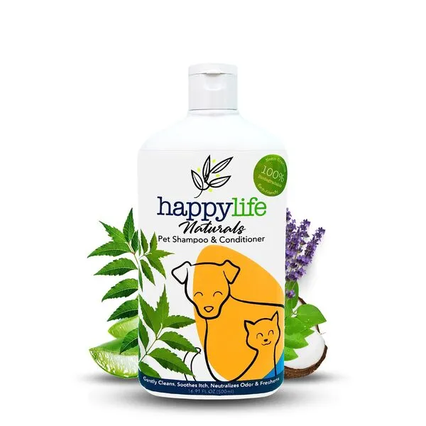 Happy Life Naturals Pet Shampoo and Conditioner for Dogs & Cats - Itchy Skin Relief & Shiny Coat - Natural Dog Shampoo and Conditioner for Smelly Dogs & Hydrating Cat Shampoo and Conditioner - 500mL