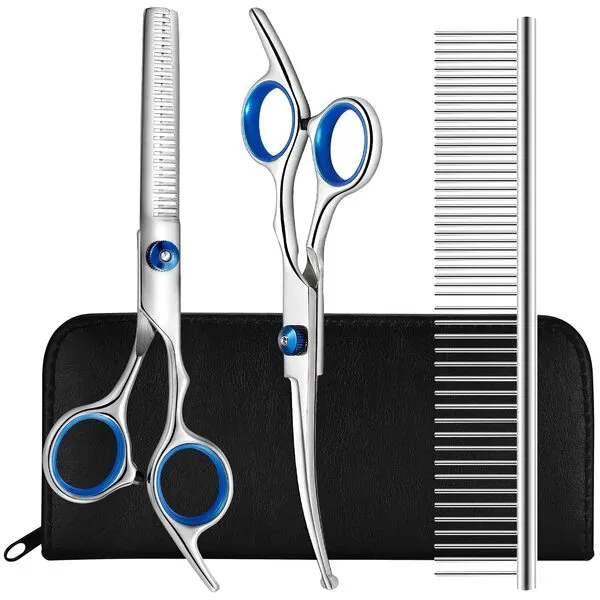 Dog Grooming Scissors Kit with Safety Round Tips, Liren Professional 4 in 1 Dog Grooming Shears Set, Sharp and Durable Pet Grooming Shears for Dogs and Cats