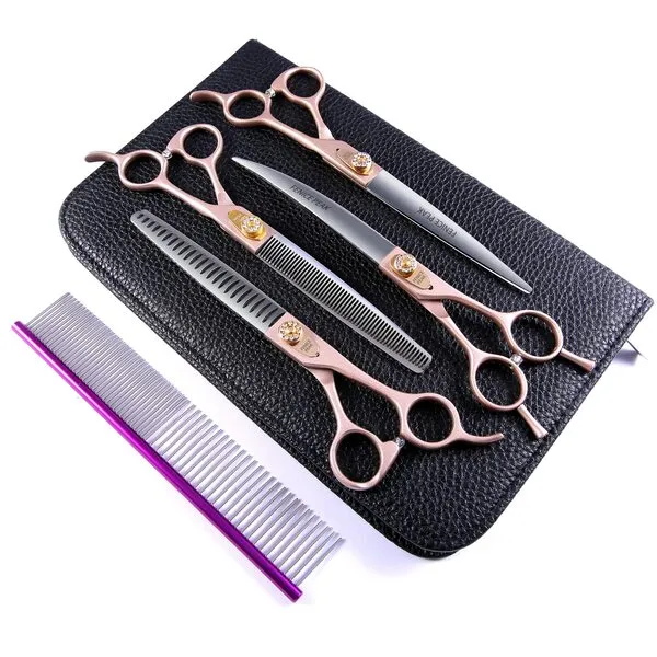 Fenice Peak 7.5‘’ Professional Dog Grooming Scissors Set Rose Gold 440C Stainless Steel Straight Thinning Curved Chunker Shears 4pcs Set for Pet Grooming Services Dogs and Cats