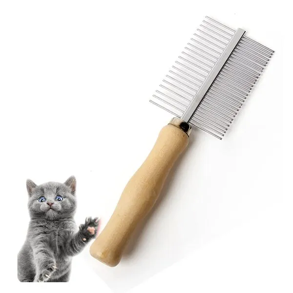 Dog Cat Pet Comb Double-Sided Grooming Brush Metal Comb for Loosening up Removing Mats Debris Tangles and Knots Wooden Handle Stainless Steel Tooth Perfect for Honghair Pets