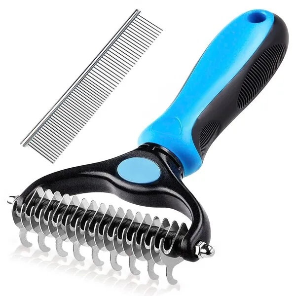 Nepfaivy Dog Grooming Brush and Metal Comb - Undercoat Rake for Dogs, Double Sided Deshedding Brush, Deshedder Brush for Long Matted Haired Dogs, Shedding Brush, Dematting Tool, Pet Grooming Supplies